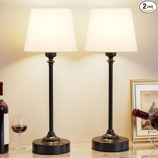 Cordless Table Lamps Rechargeable Set - 2 Pack Black 4000mAH Battery Operated Lamps for Decor, 3000K Stepless Dimming Touch Control Wireless Lamps for Bedroom, Dining Table, Living Room, White Shade