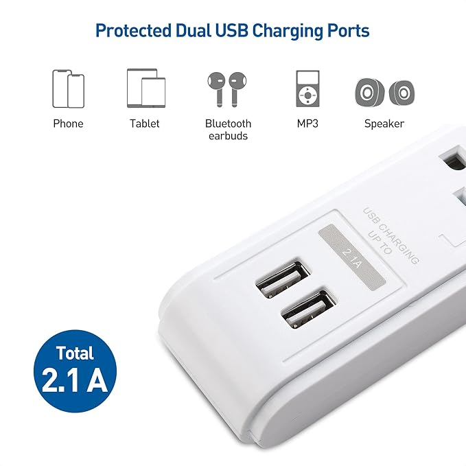 [ETL Listed] Cable Matters 2-Pack 6-Outlet Surge Protector Power Strip with USB Ports - 8ft, Long Extension Cord, Surge Protector with USB Ports, White