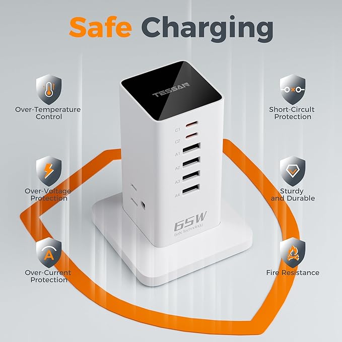USB Charging Station for Multiple Devices PD 65W, TESSAN 9-in-1 USB C Charger Block for iPhone 16/15, MacBook, Tablet, Type C Desktop Charger with 3 AC, Home Travel Office Accessories, White