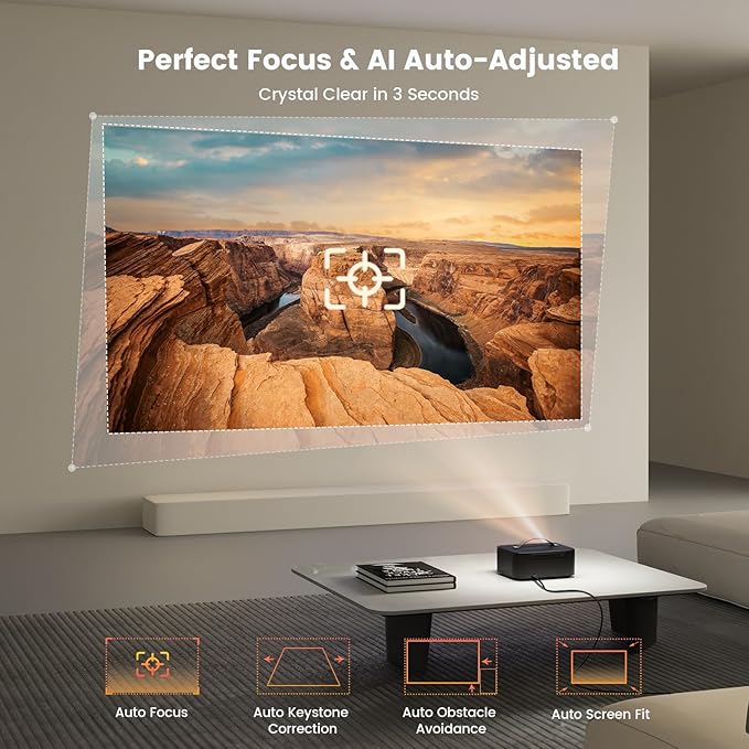 Projector-4K with WiFi and Bluetooth:[2000 ANSI/AI Auto Focus/Built-in APPs]Outdoor-Projector Smart TV OS 2.0 & DoIby, Portable Proyector Compatible with Netflix/YouTube/PrimeVideo, ONOAYO ONO3Pro 2.0