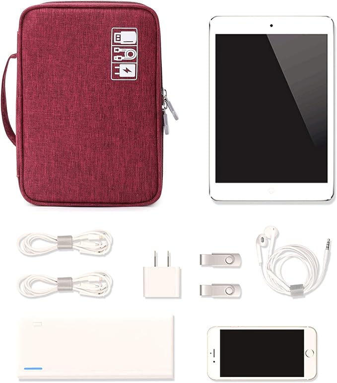 mygreen Travel Cable Organizer Bag, Two-Layer Electronics Accessories Organizer Bag for Cables, Chargers, Power Bank, Mouse,iPad, Phone, Kindle, SD Card, Wires, Cords, and Accessories Red