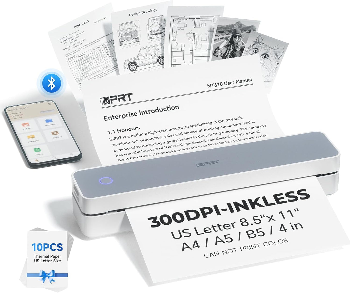 iDPRT Portable Printer Wireless for Travel - Bluetooth Mobile Printer Support for 8.5"x11" US Letter, Inkless Compatible with iOS, Android, Laptop for Office, Car and Home (300DPI, White)