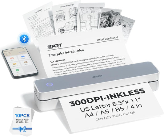 iDPRT Portable Printer Wireless for Travel - Bluetooth Mobile Printer Support for 8.5"x11" US Letter, Inkless Compatible with iOS, Android, Laptop for Office, Car and Home (300DPI, White)