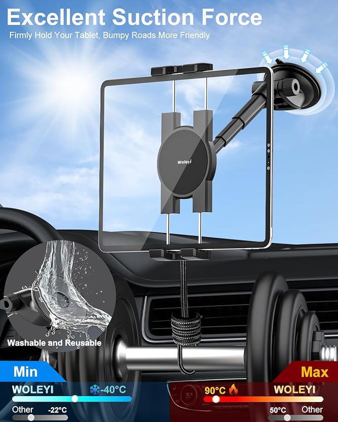 woleyi Dashboard Car Tablet Mount, Telescopic Tube Suction Cup Car Tablet Holder, Compatible with iPad Pro/Air/Mini, Galaxy Tab/Z Fold, Fire HD, Surface, iPhone, More 4.7-13" Cell Phones and Tablets