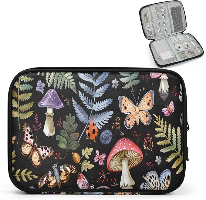 Mushroom Butterfly Black Electronics Travel Organizer Case, Tech Accessories Cable Storage Bag for Cords, Charger, Phone, Hard Drive