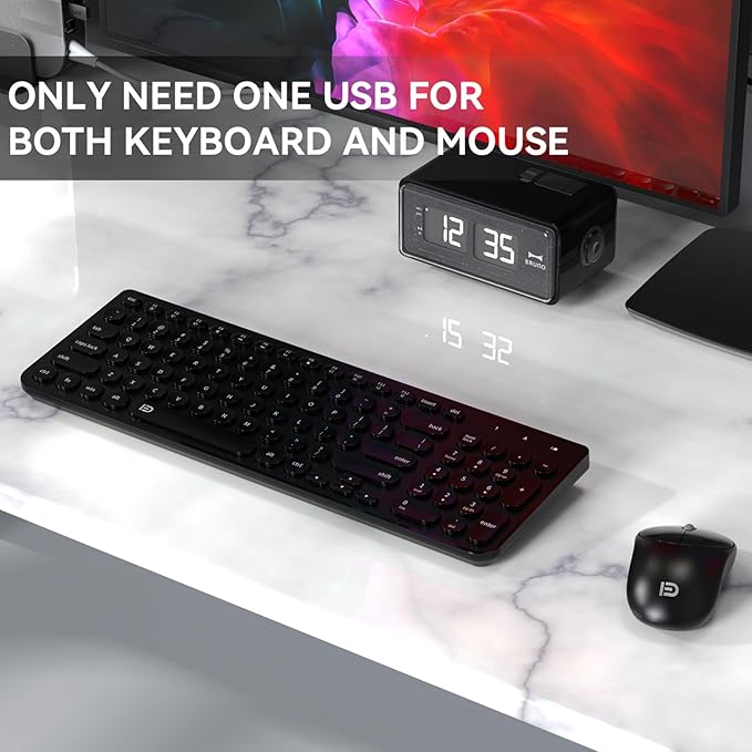 FD Wireless Keyboard and Mouse Combo - 2.4GHz USB Cordless, Cute Round Keys, Quiet and Slim Set for Laptop, Computer, TV, and Mac - Black