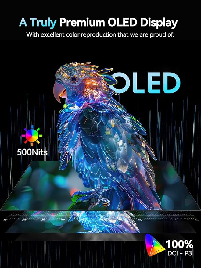 OLED Portable Monitor 16", 3K 2880x1800 120Hz 0.1ms Portable Gaming Display，500 Nits Brightness| 100000:1 Contrast| 100% DCI-P3| 8-Bit+FRC| Ultra-Slim Travel Monitor for Laptop PC Phone Game Consoles