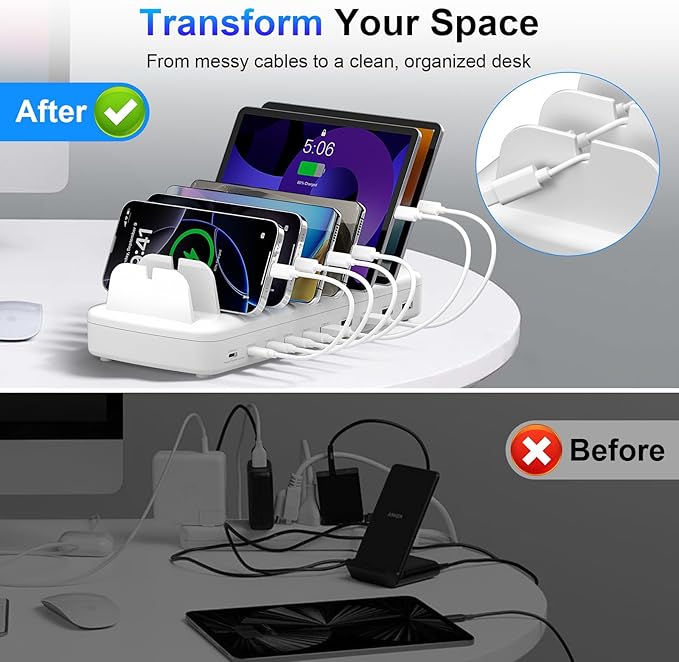 260W Cell Phone Charging Station for Multiple Devices, 10-Port USB C Fast Charger Hub for MacBook, iPhone, Android, iPad, Tablet, Kindle, Family Multi-Device Organizer Charging Dock, White