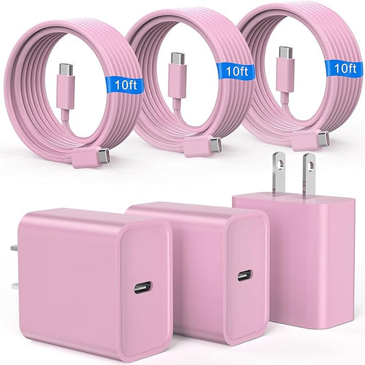 iPhone 17 16 15 Charger Fast Charging, 3 Pack PD 20W USB C Charger with 10FT Cord, USB C Cable Type C Chargers Block for iPhone 17/17 Pro/17 Pro Max/16/16 Plus/16 Pro/16 Pro Max/15/15 Pro（Pink）