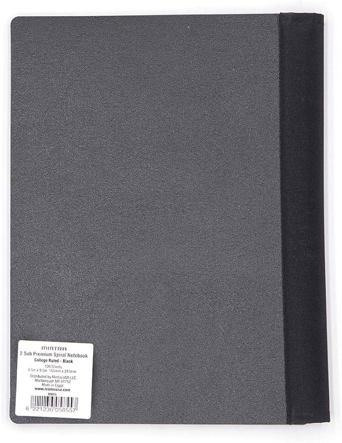 Mintra Office Durable PREMIUM Spiral Notebook, ((Black, 2 Subject (6in x 9.5in)), Wire, Fabric Covered Coils, No Snags, Removable Adjustable Pocket Dividers, Ruler, Organization, Customizable