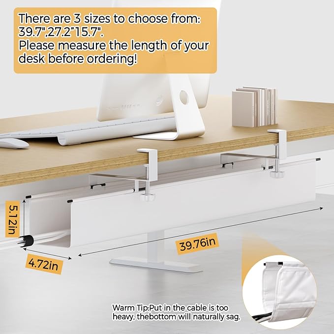Under Desk Cable Management Tray 39.7" - No Drill Computer Wire Organizer Cable Tray, Fabric Cord Hider Clamp Mount, with 16X Cable Ties PC Cables Management Cord Holder for Office/Home (White)