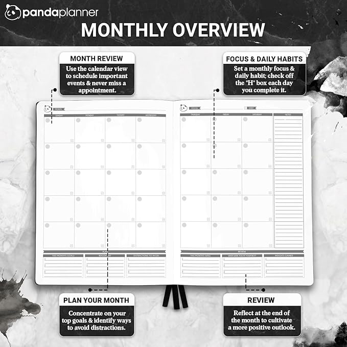 Panda Planner Pro A4 Daily Planner 2026 – 6 Month Large 8.5x11 Undated Academic & Productivity Planner with Daily, Weekly & Monthly Calendar, Work Planner, Goal Tracker, Habit Tracker & Personal Development Organizer – Black