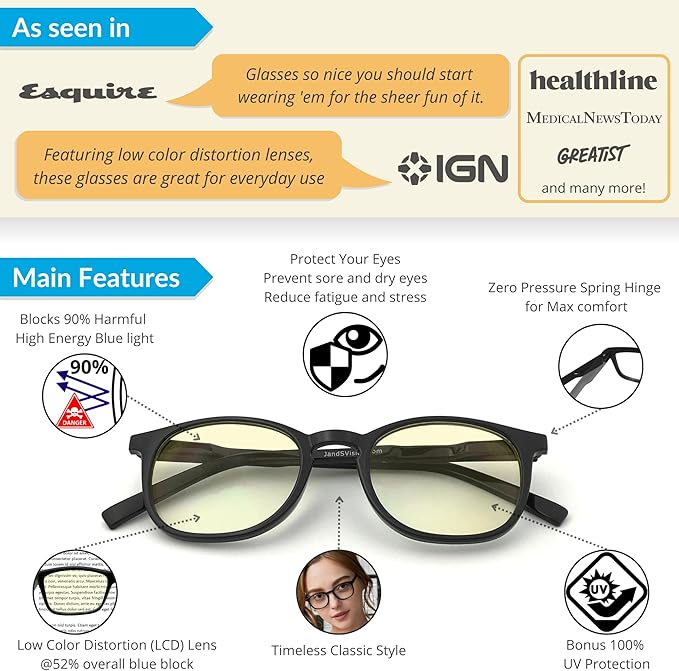 J+S Vision Blue Light Blocking Glasses for Men Women | Computer Gaming Work| Anti Strain Fatigue UV Glare | Medium-Small Fit