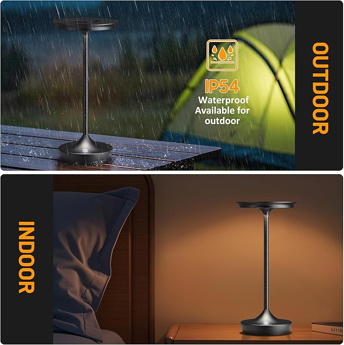 LED Cordless Table Lamps Rechargeable - Outdoor 6000mAh Battery Operated Portable Table Lights 3 Color Stepless Dimming Lamp with Memory Function for Patio Restaurant Dining 2 Pack Black