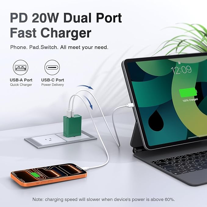 2Pack 20W Type C Charger, Dual Port USB C Wall Plug 20W PD & QC3.0 USB A Fast Charging Block for iPhone, Samsung Galaxy, Google Pixel, Motorola, Oneplus Kindle Cargador Cube Brick Box, Green