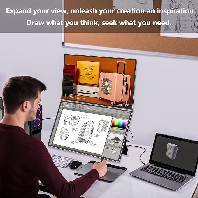 21.5" 120Hz Dual Portable Monitor 120% sRGB 1080P HDR Extender Folding Stacked Display for Windows Work Gaming Office Triple Screens W/Stand & VESA for Laptop PC（No Driver (215)