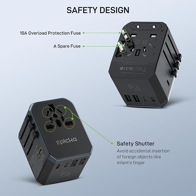 EPICKA GaN 45W Universal Travel Adapter, European Travel Plug Adapter with PD&QC Fast Charging(2 USB-A & 3 USB-C Ports) - Worldwide Travel Essentials, International Power Adapter for UK/US/AU (Black)