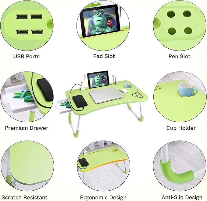 Slendor Lap Desk with Tablet Slot, Foldable Laptop Table with Storage Drawer for Bed，Portable Bed Desk for Laptop, Computer Tray with Cup Holder Notebook Stand Reading Holder for Couch Floor, Green