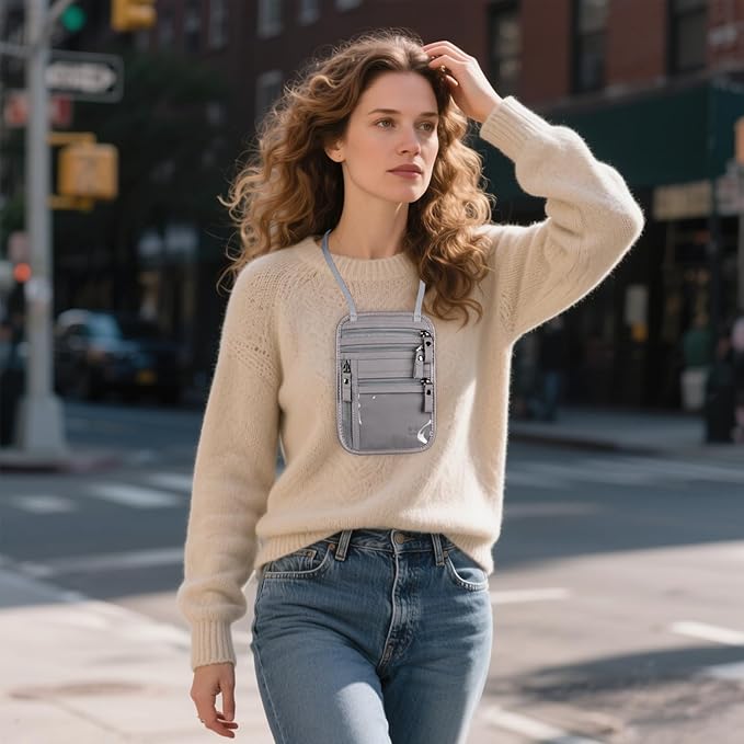 Neck Wallet - Rfid Wallet Women - passport holder for travel - Travel Wallet Passport Holder For Travel Women - 10.3x6.8inch (Light Gray)