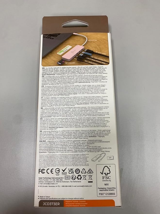 j5create USB-C Pink Multi-Port Hub with Power Delivery with 4K HDMI/2 USB-A 5Gbps/PD 100W Charging SD&Micro SD/3.5mm Audio | for MacBook/iPad Pro/iMac/Surface/XPS/Thinkpad/Galaxy/and More(JCD373ER)