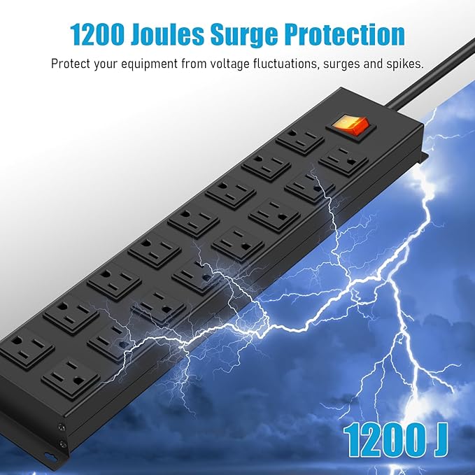 HHSOET Metal 16 Outlet Mountable Power Strip, Wall Mount Garage Workbench Socket, Gaming Table Surge Protector with 3 FT Power Cord.(Black)