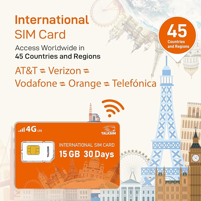 International SIM Card 15GB for 30 Days, 4G LTE Travel Data SIM Card Support 45 Countries USA, UK, Europe, Asia and Africa Travel Data Only SIM for Unlocked Mobile Hotspot/Phones/Tablet–No Contract
