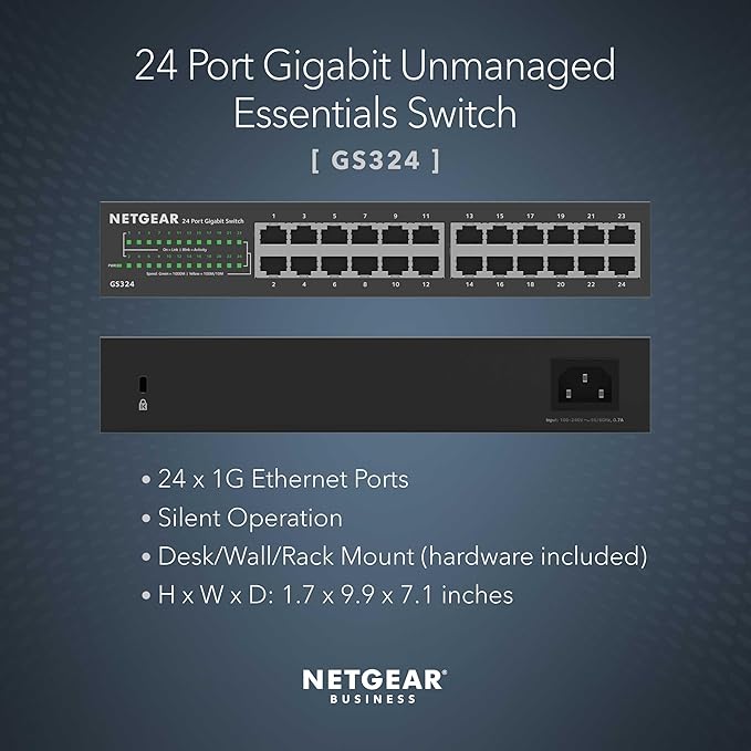 NETGEAR 24-Port Gigabit Ethernet Unmanaged Essentials Switch (GS324) - Desktop, Wall, or Rackmount, Silent Operation