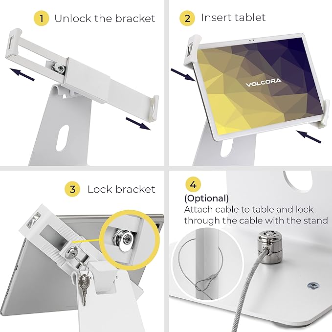 Volcora Anti-Theft Tablet Stand iPad Security Holder with Lock, White 10-13 Inch Kiosk Stand Mount, Swivel, Adjustable, for iPad Pro, Air, POS Register, Retail Business, Checkout, Cashier