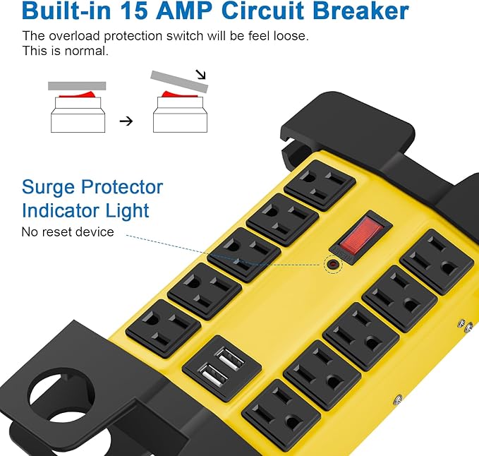 CCCEI Heavy Duty Power Strip with USB Ports, Garage 15 Outlets Surge Protector 2700 Joules, Industrial Workshop Metal 15Amp Multiple Outlets, 10 FT Extension Cord and Wide Spaced Yellow.