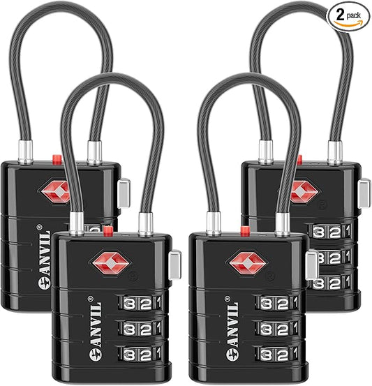 ANVIL TSA Approved Luggage Locks – High Security TSA008 Combination Travel Locks with Inspection Indicator for Suitcases and Backpacks. (4, Black)