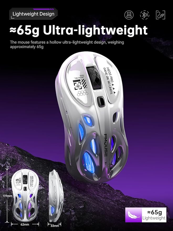 Wireless Gaming Mouse, Tri-Mode 2.4G/USB-C/Bluetooth Mouse, 800-4800 DPI, Ergonomic Optical Mouse Gamer, RGB & 6 Programmable Buttons, 65g, Rechargeable, for PC/Mac/Laptop