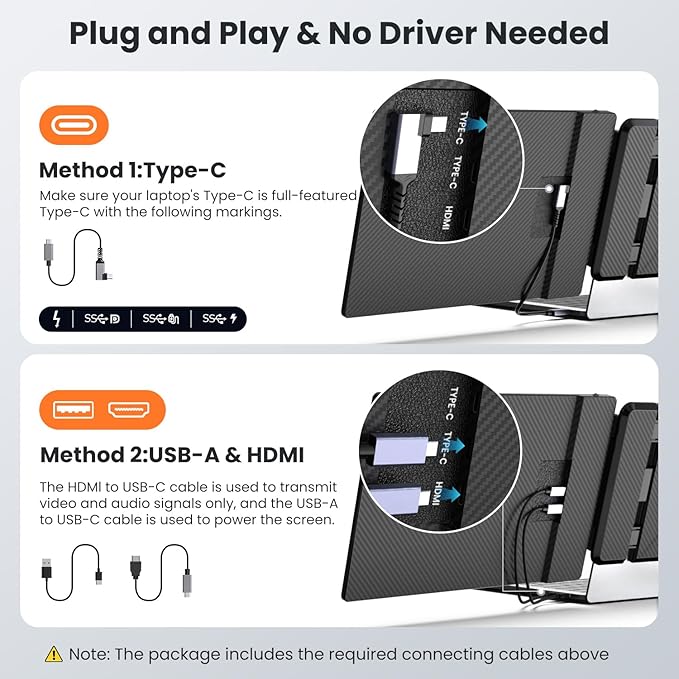 Laptop Screen Extender 14-inch, 1080P FHD Portable Monitor, Type-C/HDMI/USB-A Plug & Play, Laptop Monitor Extender fits Laptops with Screen up to 15.35" Wide, Compatible with Windows, Mac, Chrome