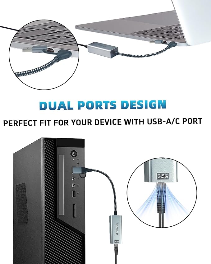 USB to Ethernet Adapter, 2.5Gbps USB C to RJ45 Gigabit LAN, 2-in-1 Ethernet Adapter for Laptop (Thunderbolt 4/3 Compatible), Aluminium Shell&Nylon Cable for Laptop, MacBook,Chromebook,PC and More