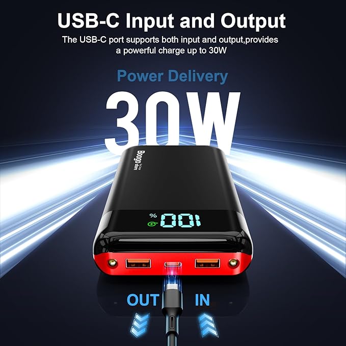 Portable Charger Power Bank 52800mAh Powerbank PD 30W and QC 4.0 Fast Charging Built-in Bright flashlight LED Display 2 USB 1Type-C Output External Battery Pack for iPhone, Samsung, iPad etc (red)