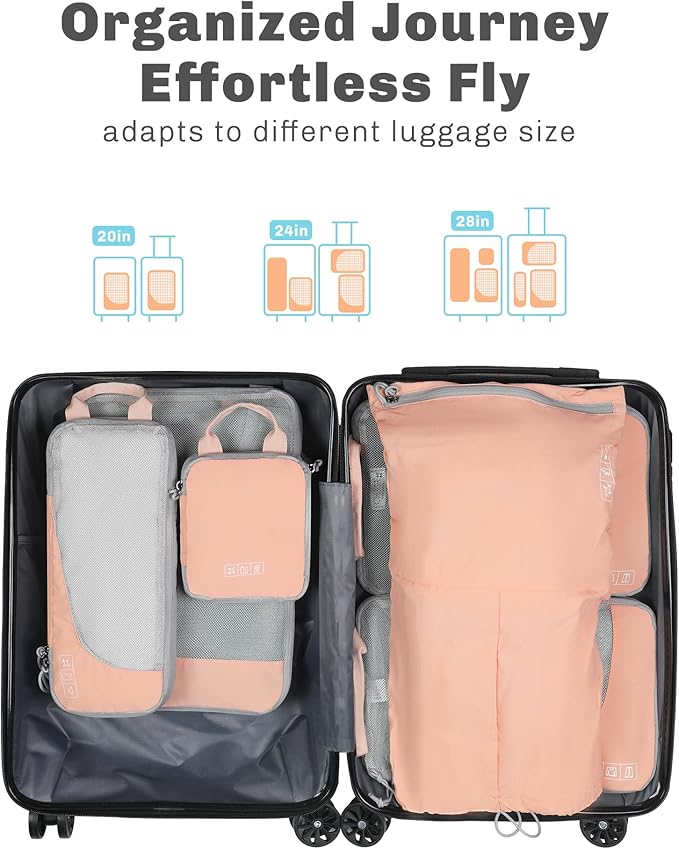Hynes Eagle 6 Set/ 4 Set/ 2 Set Compression Packing Cubes Travel Essentials Lightweight Nylon Luggage Suitcase Organizer Bag Light Pink 6PCS