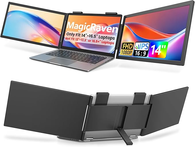 Dual Laptop Screen Extender, 14" 1080P IPS Portable Triple Monitor for 14-16.5" Laptops with USB-C Port, Plug and Play, Attachment Screen for Windows/Mac/Android/Switch/PS5/Xbox