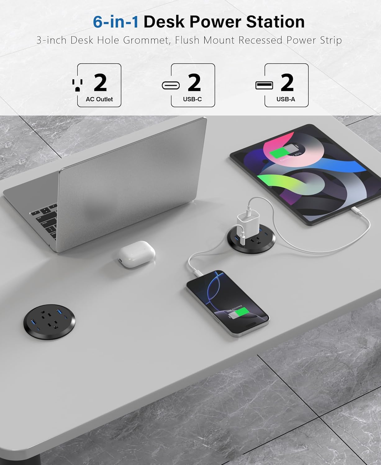 3 inch Desktop Power Grommet with PD 20W USB C,Furniture Recessed Power Strip,2 Outlets,4 USB Ports,40W Total,Flush-Mount for Desktop, Workspace Essential Desk Outlet (Black, 3 FT Cable)