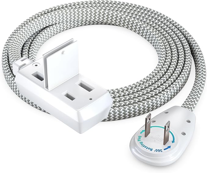 Maximm 6 Ft Extension Cord, 2 Prong, 360° Rotating Flat Plug, UL Certified, Light Gray – Space-Saving Indoor Power Cord for Tight Spaces, Polarized, Braided