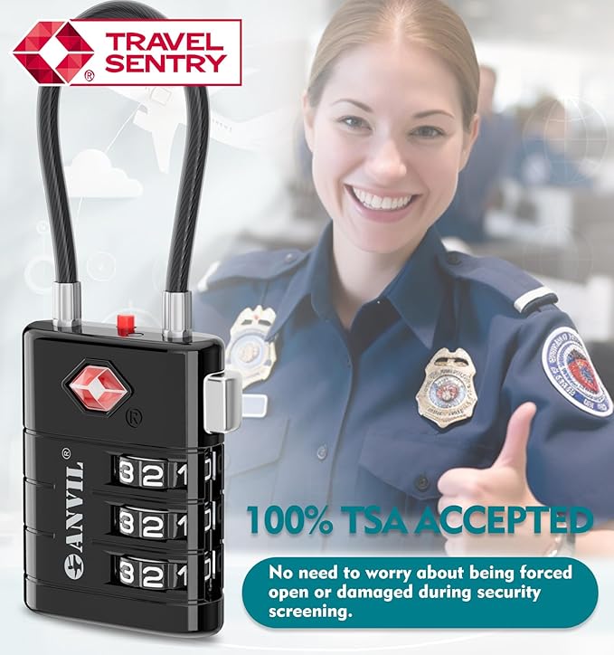 ANVIL TSA Approved Luggage Locks – High Security TSA008 Combination Travel Locks with Inspection Indicator for Suitcases and Backpacks. (8, Black)