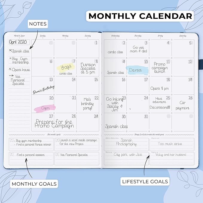 GoGirl Planner PRO Schedule - Undated Planner with Hourly Time Slots, Monthly, Weekly & Daily Organizer, Appointment Book for time Management, 7"x10" Hardcover, Lasts 1 Year - Blue