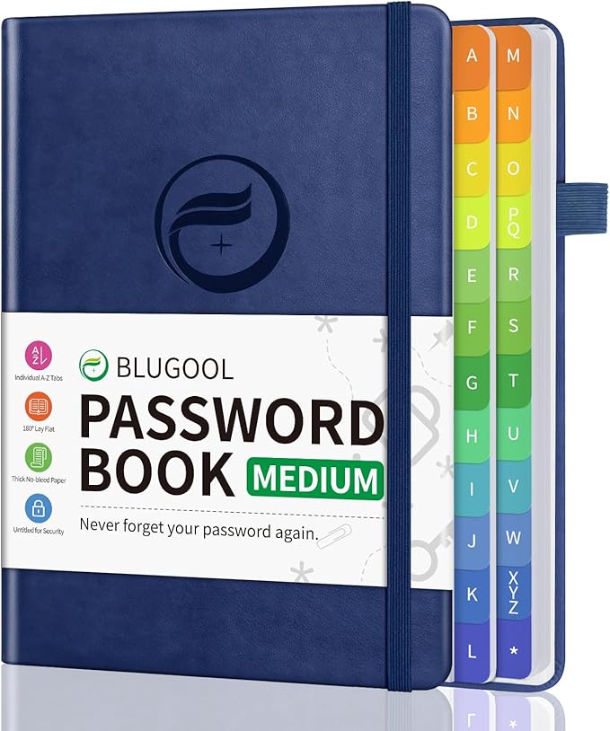 Password Book with Alphabetical Tabs, Password Keeper Book for Seniors, Hardcover Password Notebook for Individual & Colorful Tabs, Password Organizer for Website Logins, 5.3" x 7.7", Navy Blue