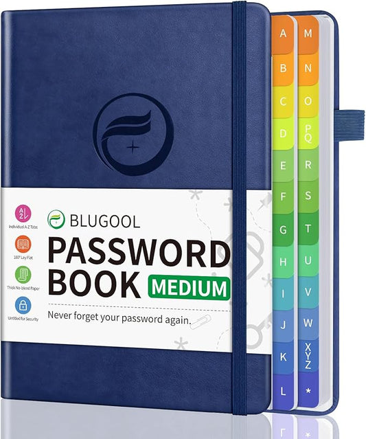 Password Book with Alphabetical Tabs, Password Keeper Book for Seniors, Hardcover Password Notebook for Individual & Colorful Tabs, Password Organizer for Website Logins, 5.3" x 7.7", Navy Blue