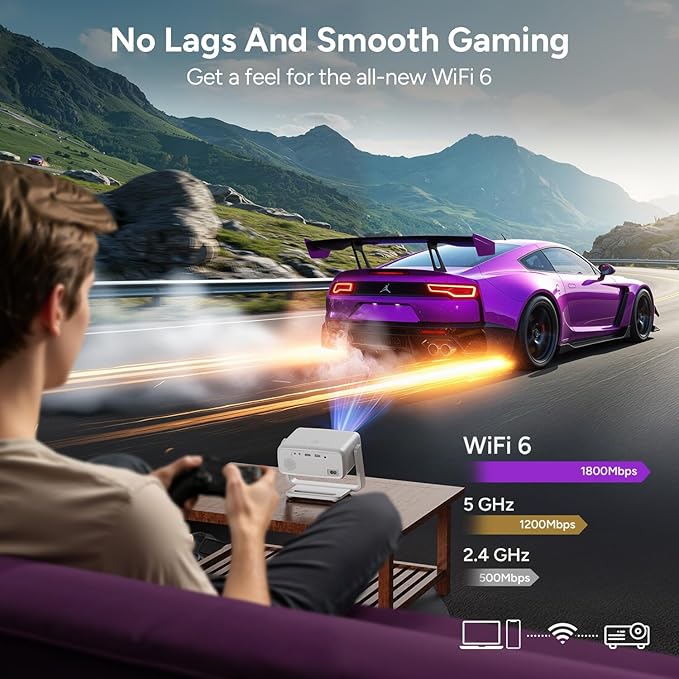 Projector with WiFi and Bluetooth,Outdoor Movie Projector 4K Support,Auto Focus & Voice Control,Built-in 10,000+ Apps Native 1080P Portable Smart Home Proyector