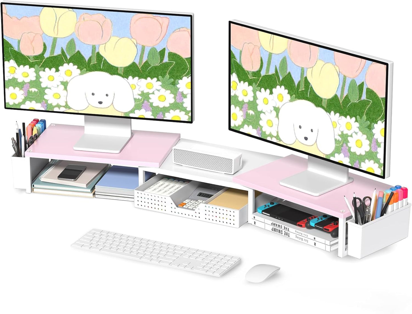 Desk Dual Monitor Stand Riser - Desk Organizer with Drawer and Pen Holders, Office Desk Accessories & Workspace Organization, Computer Monitor Stand for Laptop, Printer(Pink＆ White)