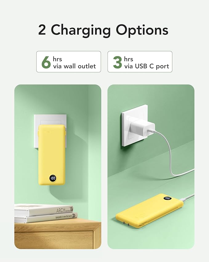 VRURC Portable Charger with Wall Plug, 10000mAh Slim Portable Charger Built in Cables,PD 20W Fast Charging Power Bank with Cords,USB C Portable Phone Charger Travel Accessories -Yellow(1 Pack)