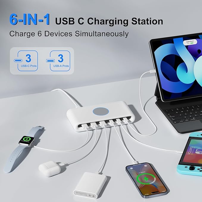 100W USB C Charging Station for Multiple Devices,6 Port USB C Charger Block Fast Charging Dock for iPhone/iPad/Samsung/Pixel/LG, No Wireless Charging