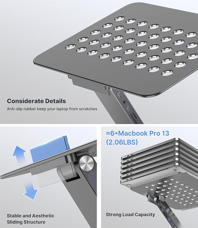 Adjustable Laptop Stand with 8 in 1 USB C Hub, Foldable Portable Computer Notebook Stand with 360° Rotating Base, Riser Holder Mount for All 10-17" Laptops (Gray)