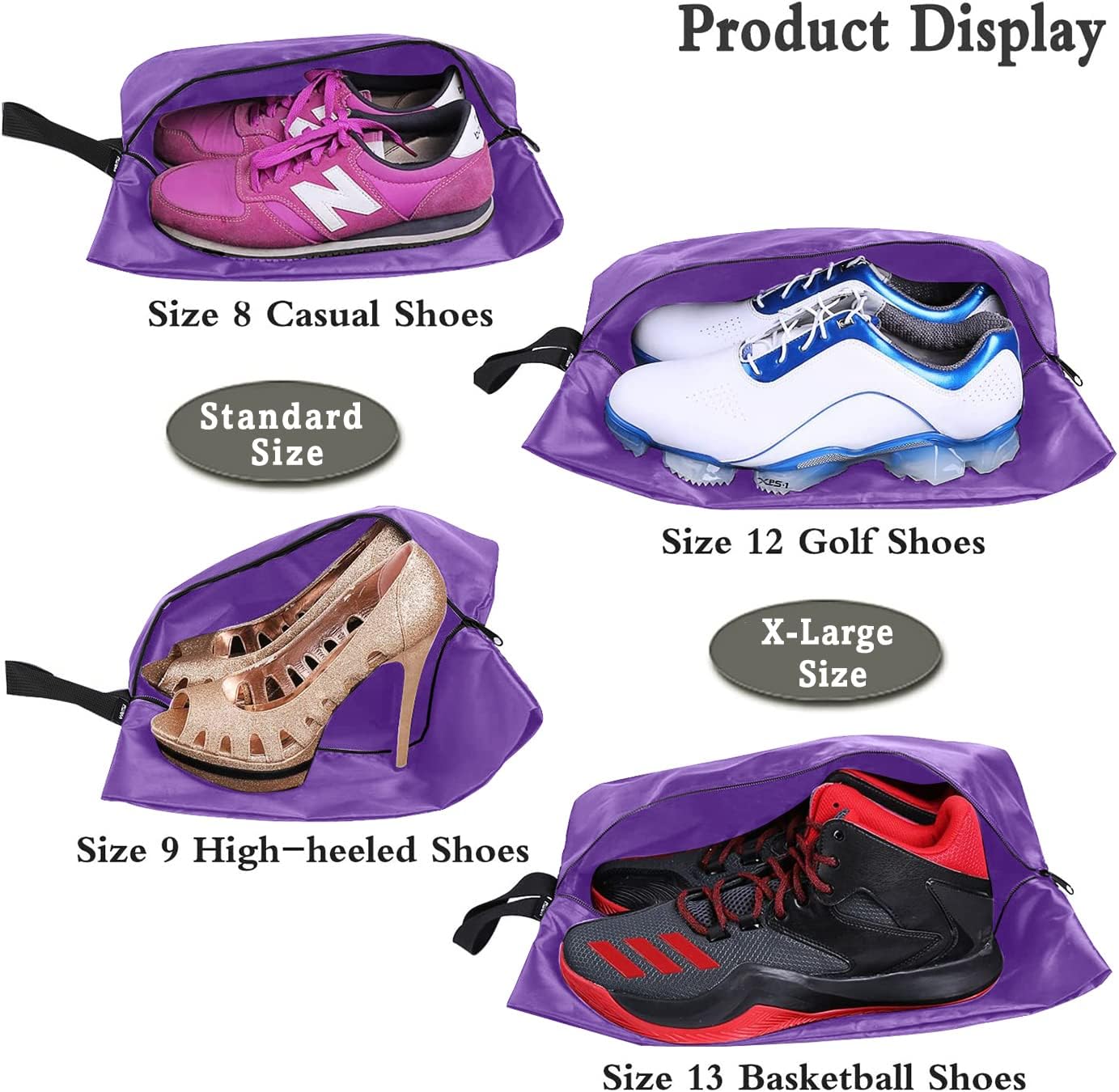 YAMIU Travel Shoe Bags Set of 4 Waterproof Nylon with Zipper for Men & Women, Purple