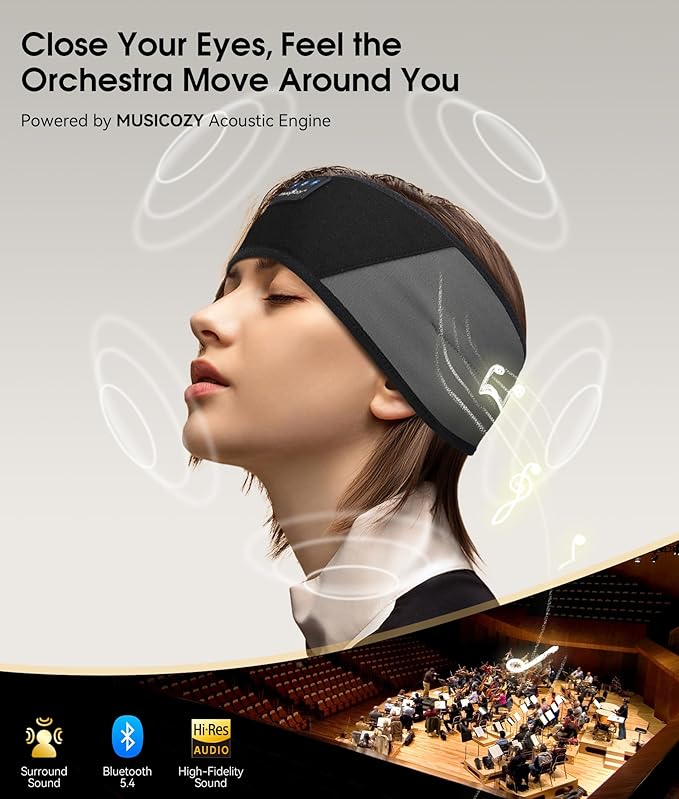 MUSICOZY Sleep Headphones Bluetooth 5.4 Headband, Wireless Earphones Music Sleep Earbuds Sleeping Eye Mask with HD Stereo Speakers for Workout Running Travel Yoga, Ideal Gifts for Women Men