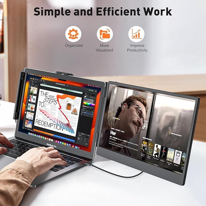 Laptop Screen Extender 14-inch, 1080P FHD Portable Monitor, Type-C/HDMI/USB-A Plug & Play, Laptop Monitor Extender fits Laptops with Screen up to 15.35" Wide, Compatible with Windows, Mac, Chrome